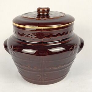MAR‎ CREST Vtg Crock Pot Oven Proof Stoneware with Lid Brown 2 Handles Bean Pot